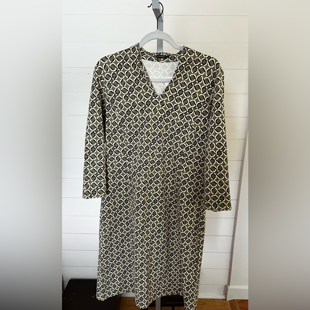 J.McLaughlin Ivana Dress NWT Size L Olive Brown Chain Print Catalina Cloth 39”